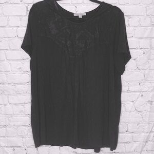 Green envelope Black mesh embroidered yoke top 2x